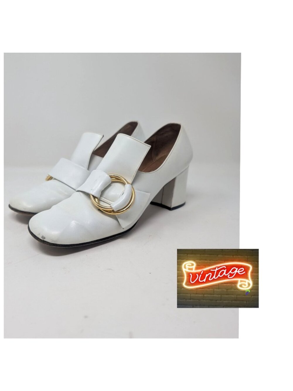 Vintage 60s White Mod Heels 8AA Block Chunky Heels Italy